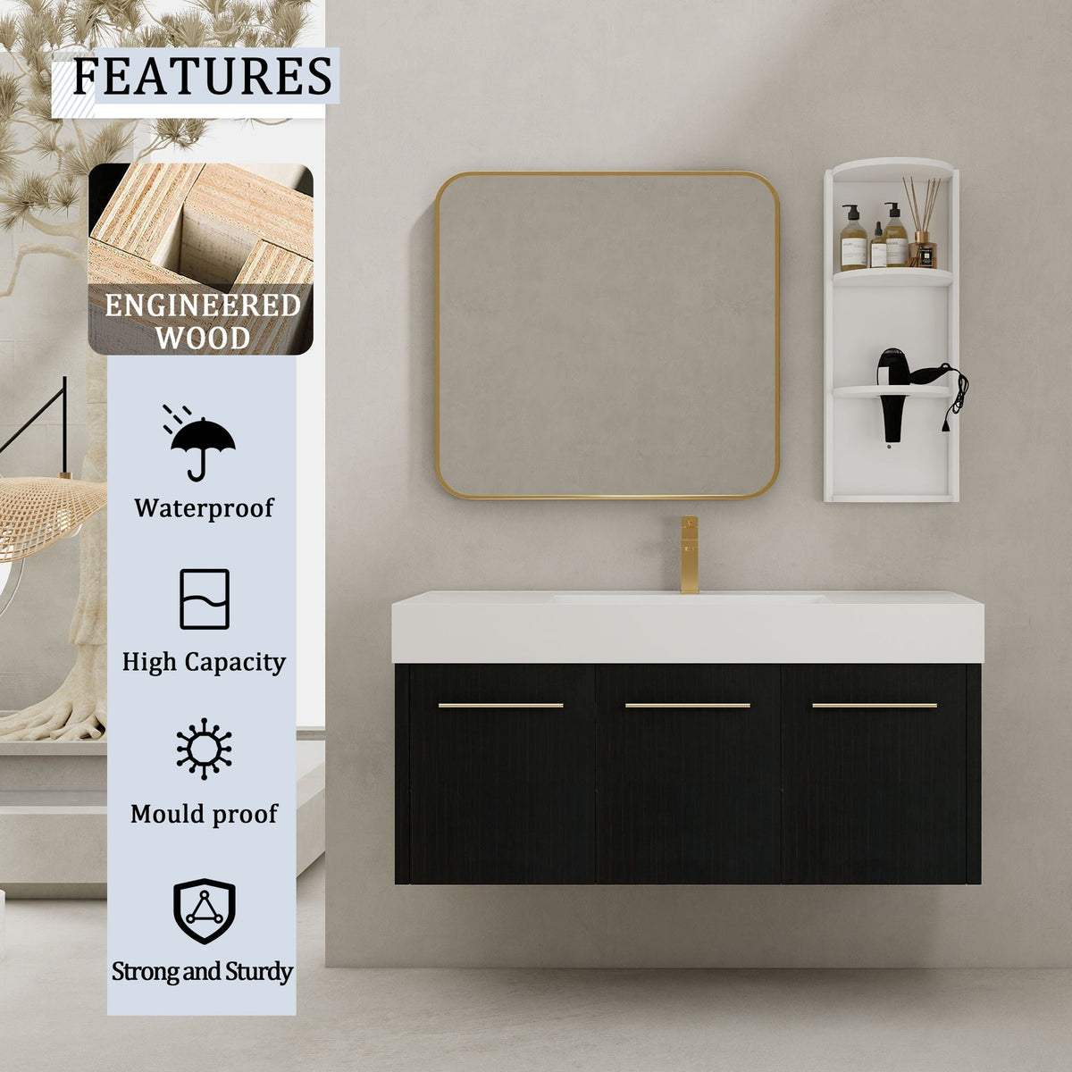 Modern Wall Mounted Bathroom Vanity with Resin Sink - Black, photo 16 of 16