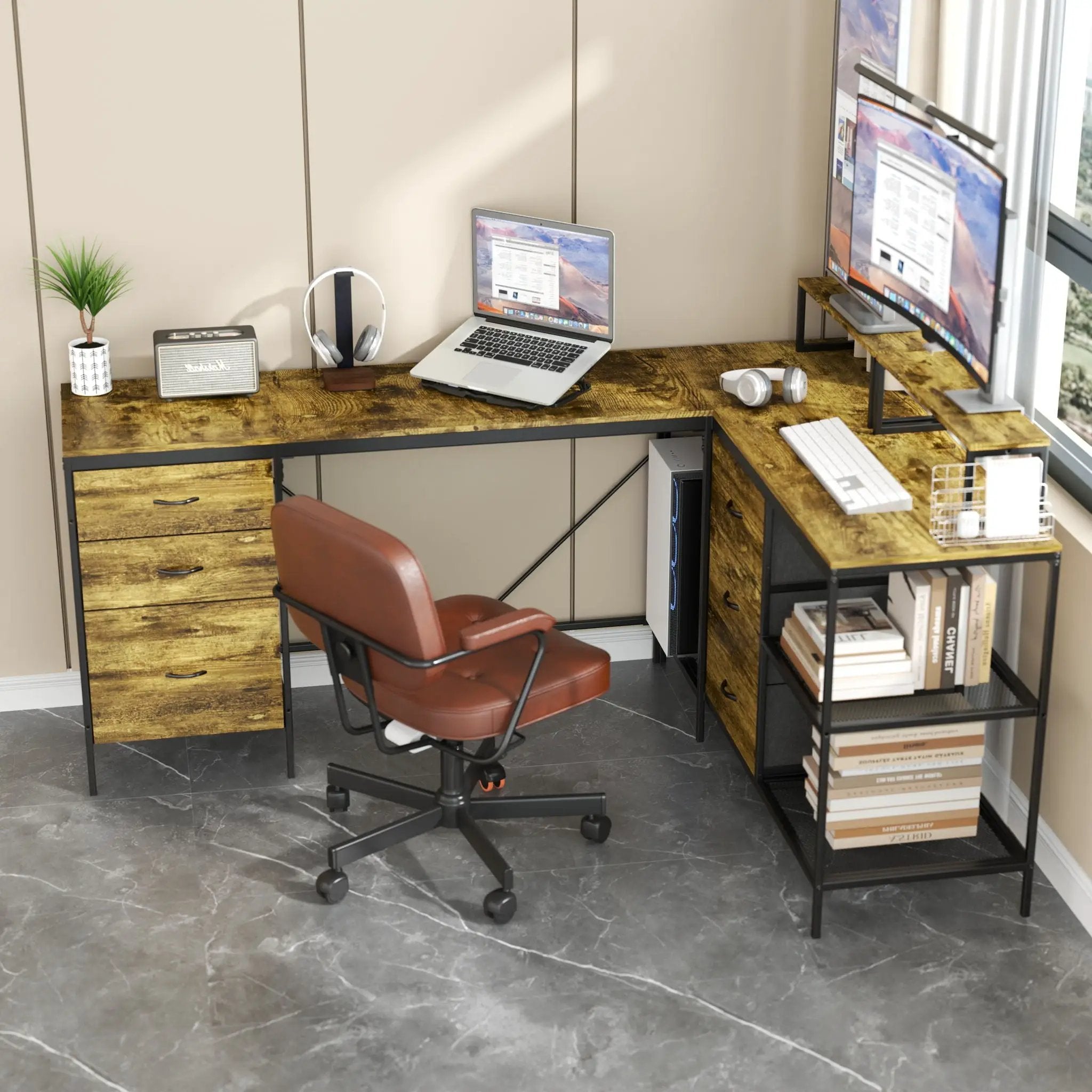 Industrial L Shaped Computer Desk With Power Outlets & USB-C, 6 Fabric Drawers, 3 Open Shelves, Movable Monitor Stands - Brown by HouseOfZazla