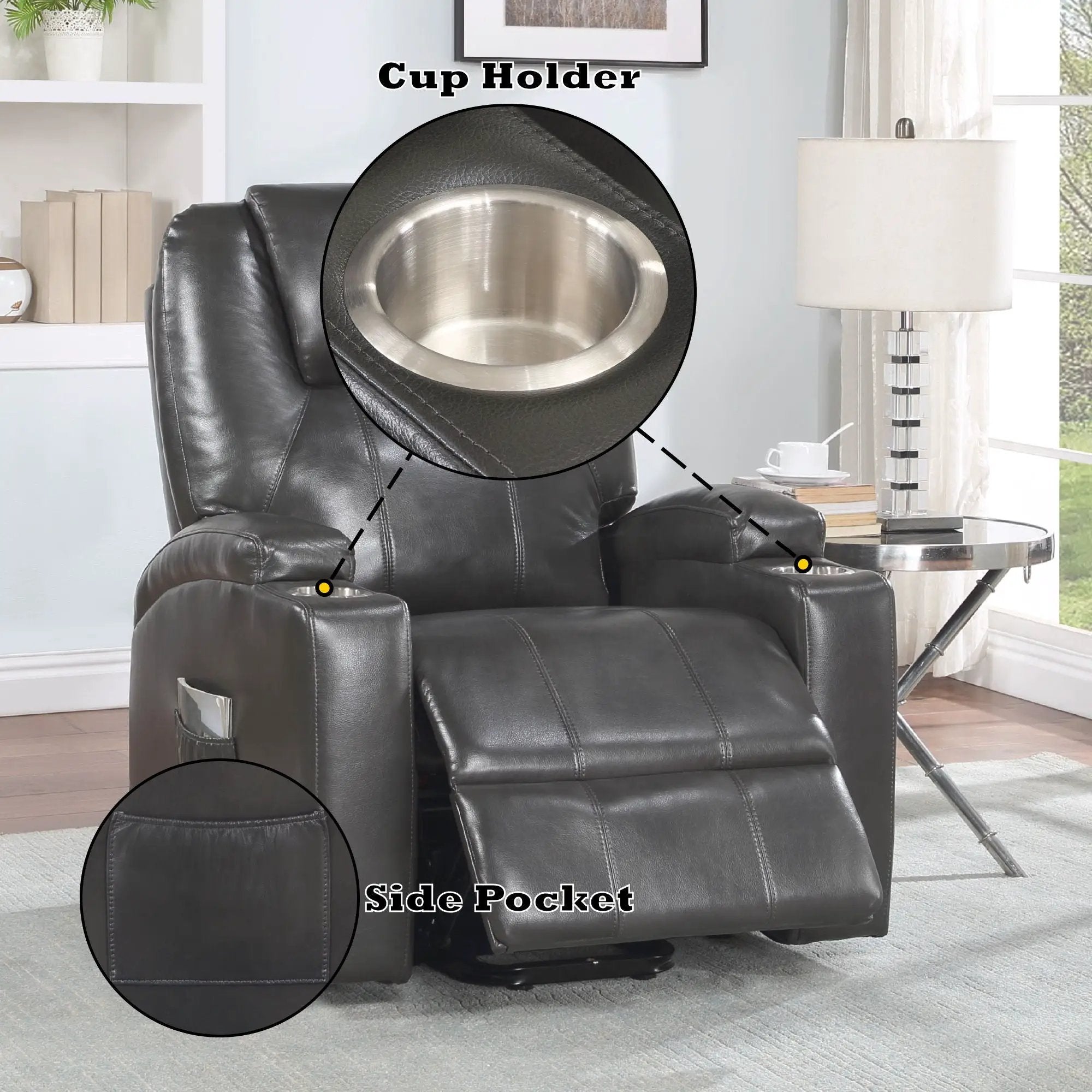 Recliner With Power Lift & Massage - Gunmetal by HouseOfZazla