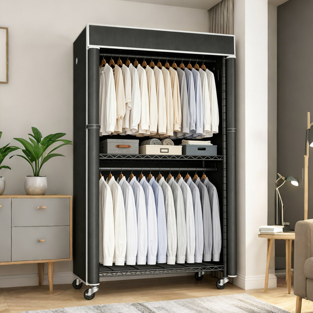 Freestanding Garment Rack with Dust Cover – Iron Frame, Mobile - Black, photo 6 of 8