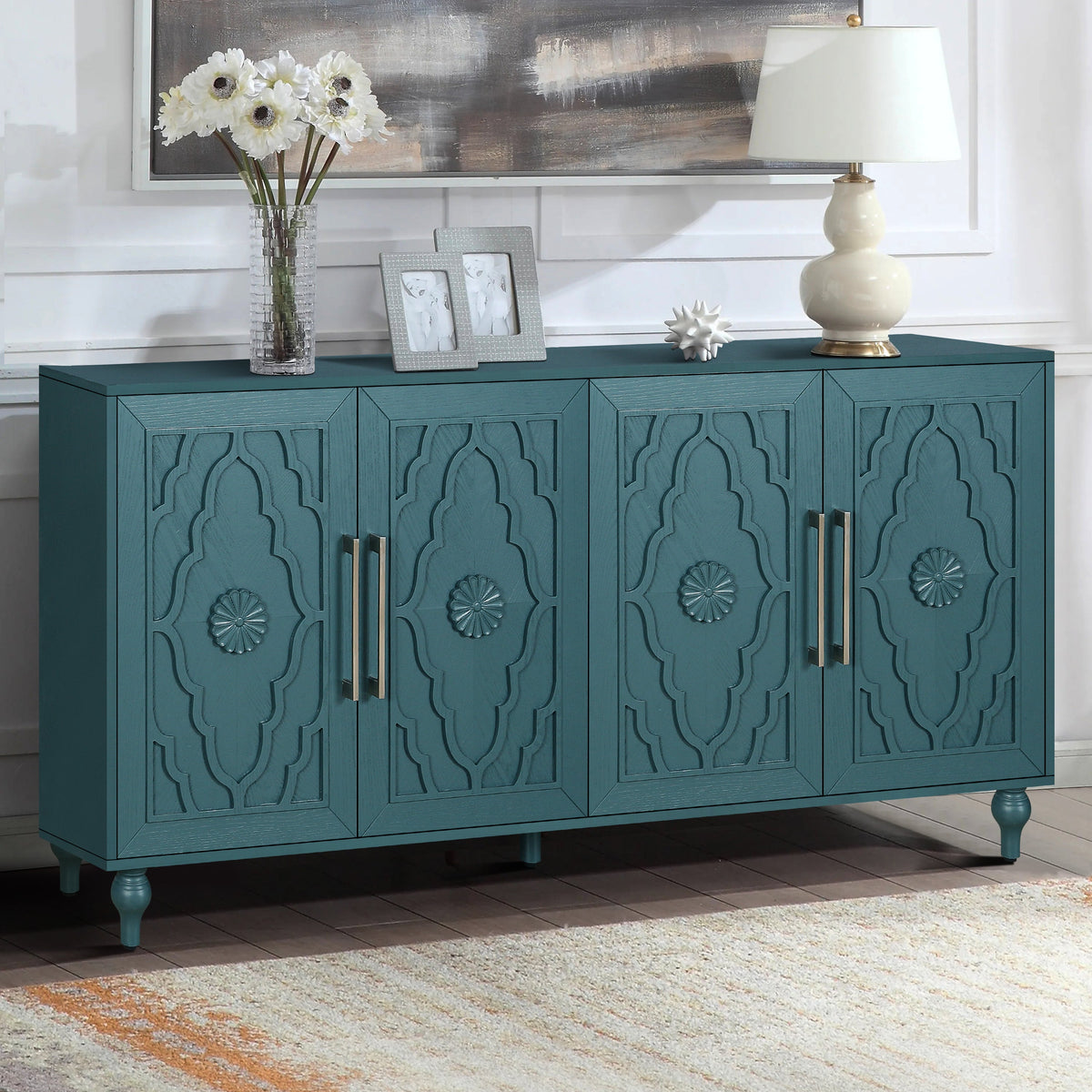 63'' Large Storage Cabinet with Metal Handle, Carved Flower Doors, Wooden Mordern Sideboard Console with Adjustable Shelves for Living Room, Kitchen, Entryway(Navy Blue), photo 2 of 10