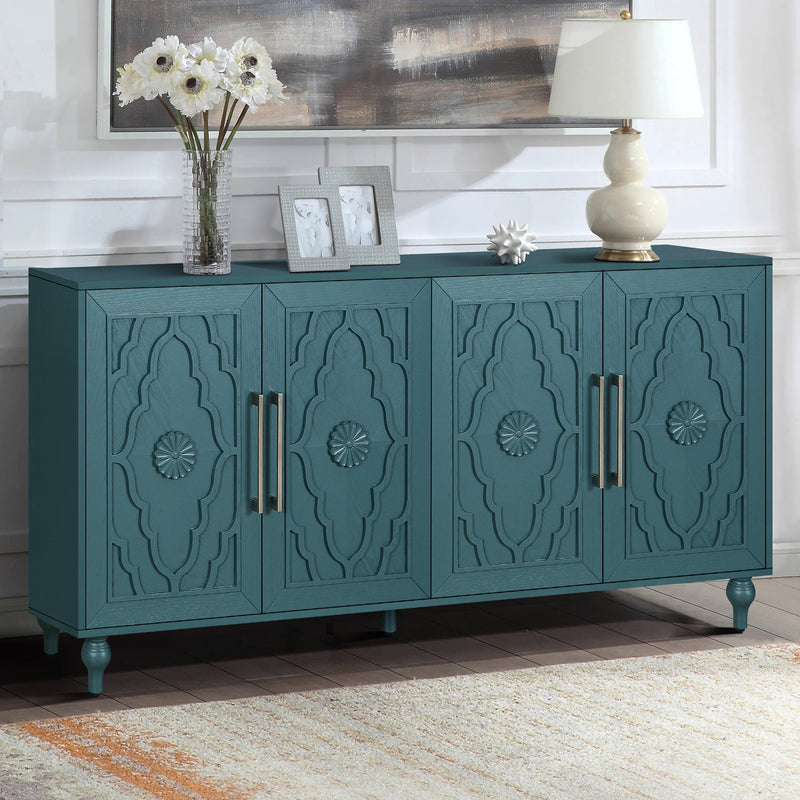 63'' Large Storage Cabinet with Metal Handle, Carved Flower Doors, Wooden Mordern Sideboard Console with Adjustable Shelves for Living Room, Kitchen, Entryway(Navy Blue), photo 2 of 10