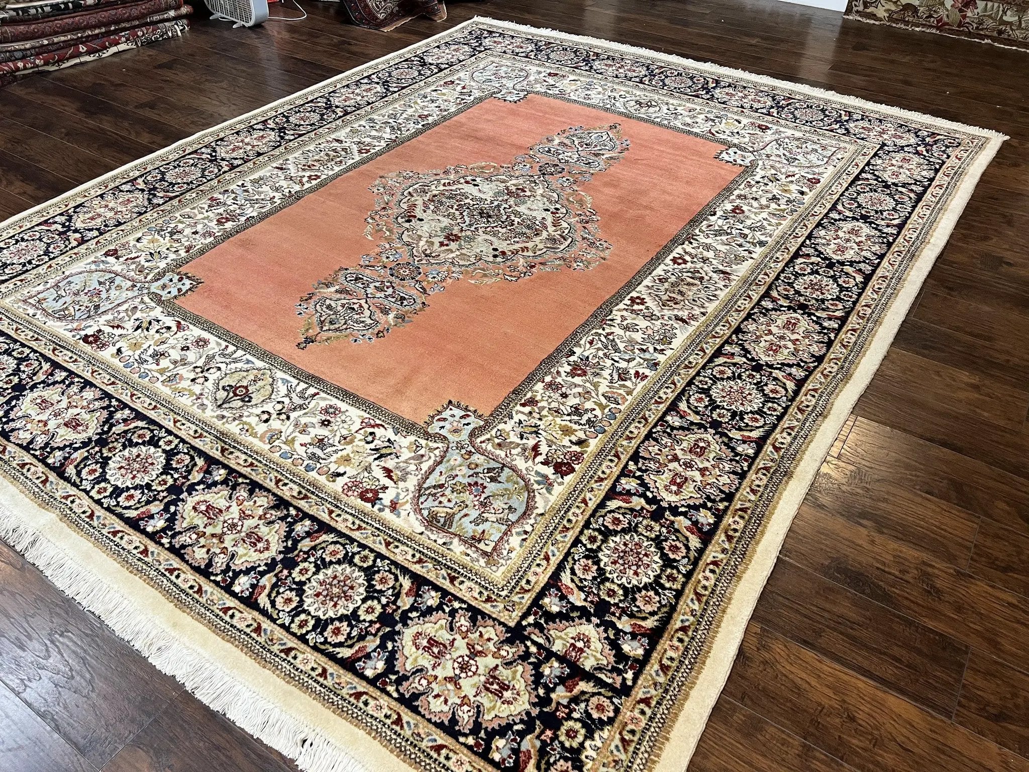 Persian Tabriz Rug 10x13, Wool Hand Knotted Vintage Carpet, Salmon Red & Ivory, Semi Open Field, Birds & Animal Motifs, Large Rug by Jewel Rugs