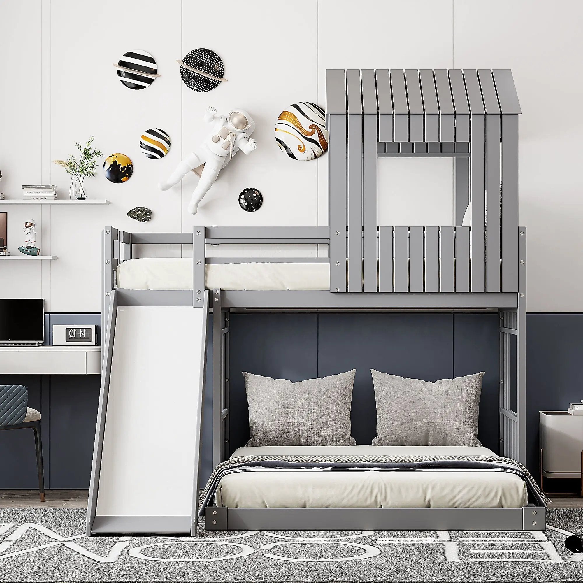 Loft Bunk Bed With Playhouse, Farmhouse, Ladder, Slide And Guardrails by Unique Piece Furniture