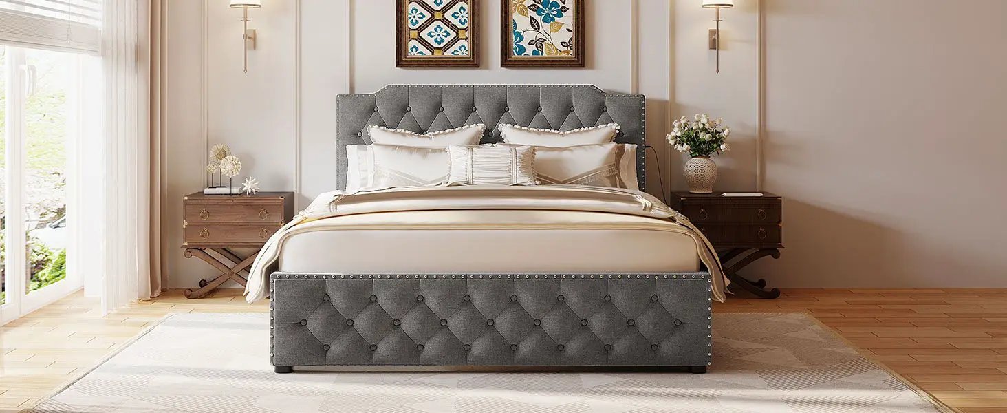 Upholstered Platform Bed With 2 Drawers And 2 Sets Of USB Ports On Each Side, Fabric by HouseOfZazla
