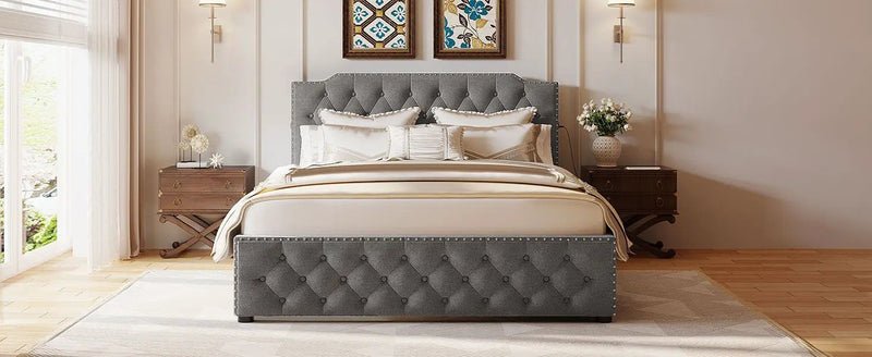 Upholstered Platform Bed With 2 Drawers And 2 Sets Of USB Ports On Each Side, Fabric by HouseOfZazla