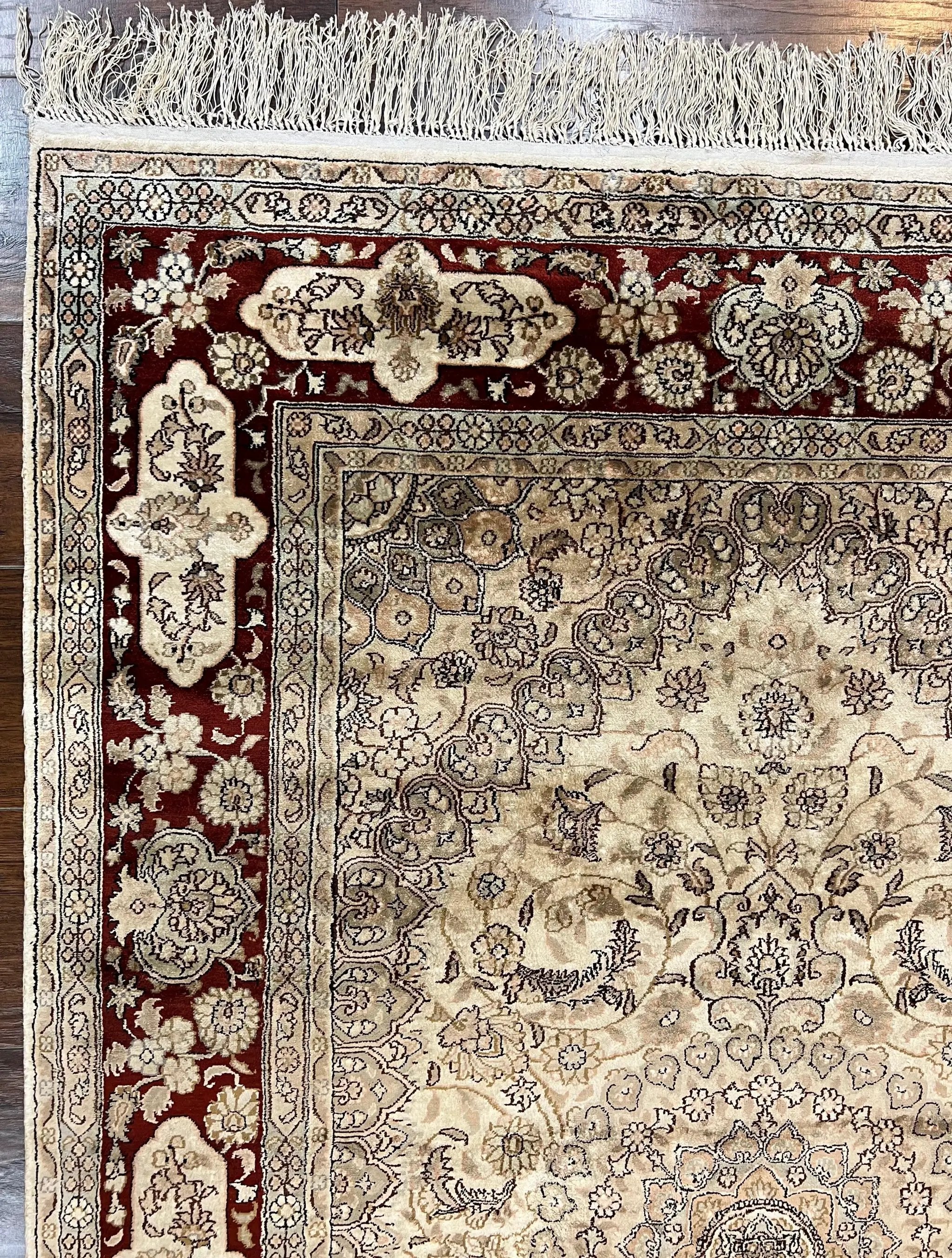 Silk Indian Kashmiri Rug 4x6 ft, Floral Medallion Hand Knotted Handmade Oriental Carpet, Vintage, Cream Burgundy, Very Fine Silk Rug 4 x 6 by Jewel Rugs
