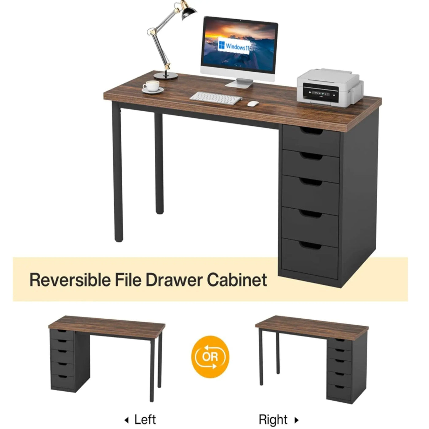 Computer Desk With 5 Drawers, Reversible Cabinet Design by HouseOfZazla