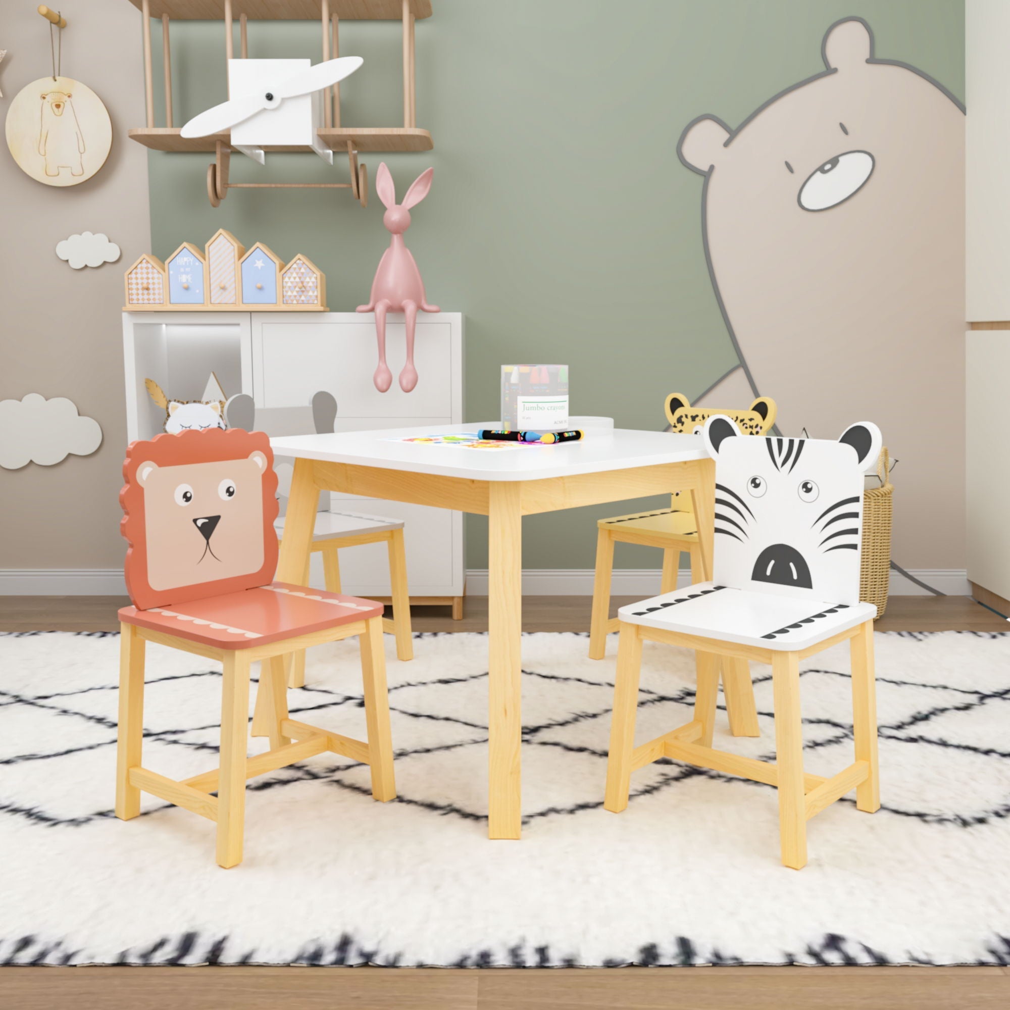 Kids Table And Chair Set With Cartoon Animals Design - White by HouseOfZazla