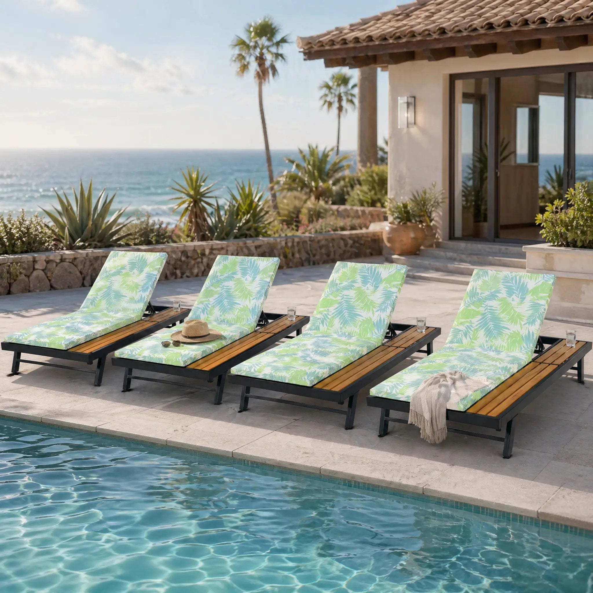 Black Iron + Teak Finish Outdoor Chaise Lounge Set with Leaf Coconut Cushion by HouseOfZazla