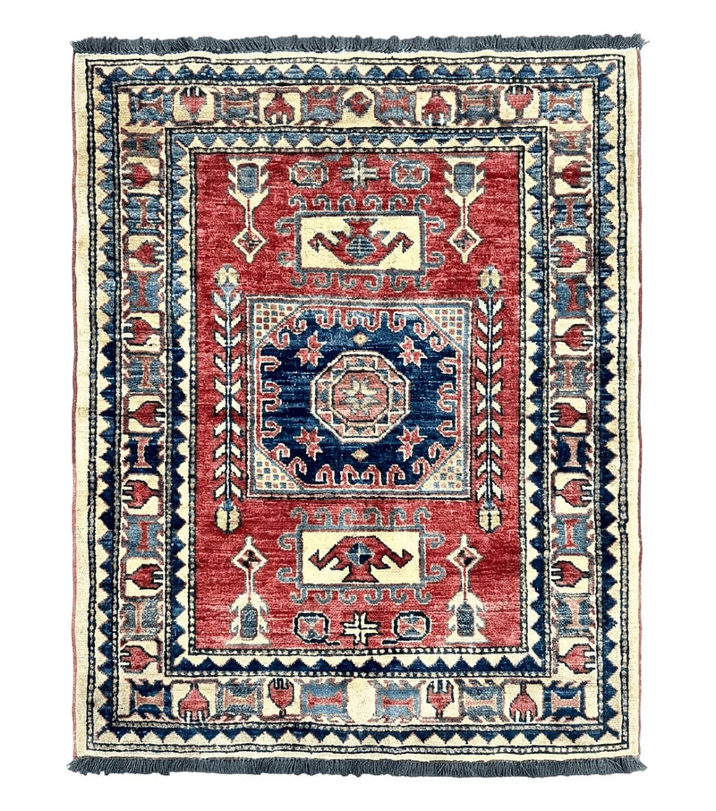 Turkish Kazak Rug 3x4, Wool Hand Knotted Small Vintage Carpet, Red Navy Blue, 3 x 4 Oriental Rug, Geometric Design by Jewel Rugs