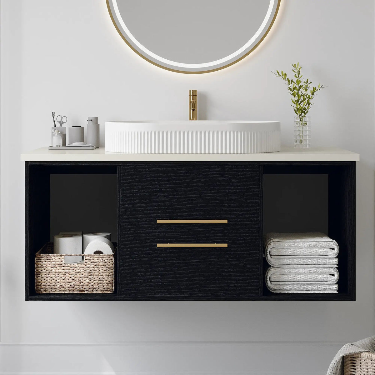 Modern 39.4-In Wall-Mounted Bathroom Vanity with Oval Ceramic Sink by HouseOfZazla