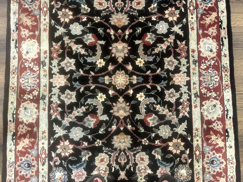 Black Sino Persian Rug 3x5, Wool with Silk Highlights, Floral, Fine 170 KPSI by Jewel Rugs