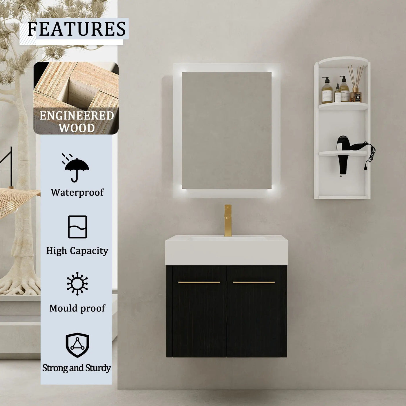 Modern Wall Mounted Bathroom Vanity With Resin Sink and Storage Rack by HouseOfZazla