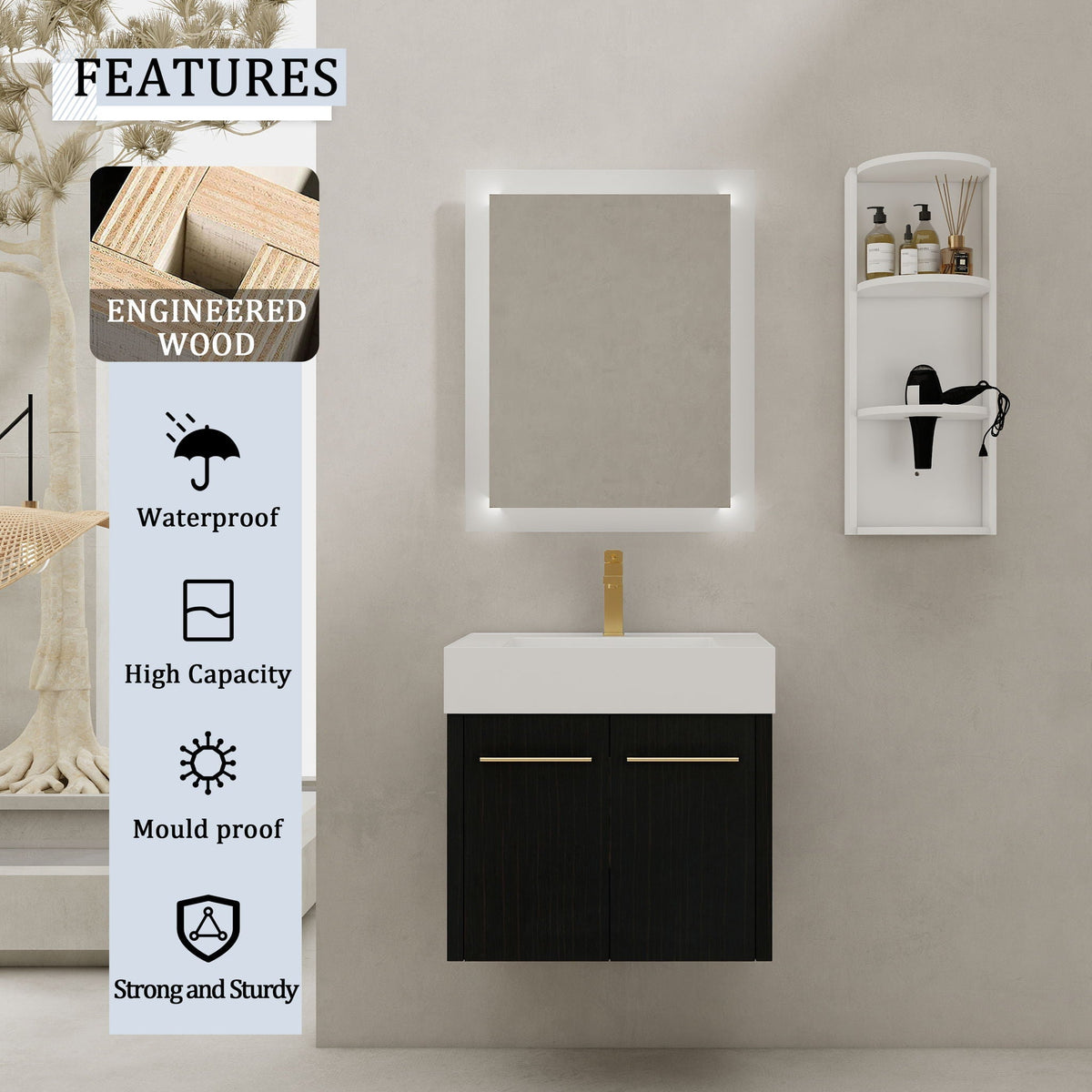 Modern Wall Mounted Bathroom Vanity with Resin Sink and Storage Rack - Black, photo 12 of 12