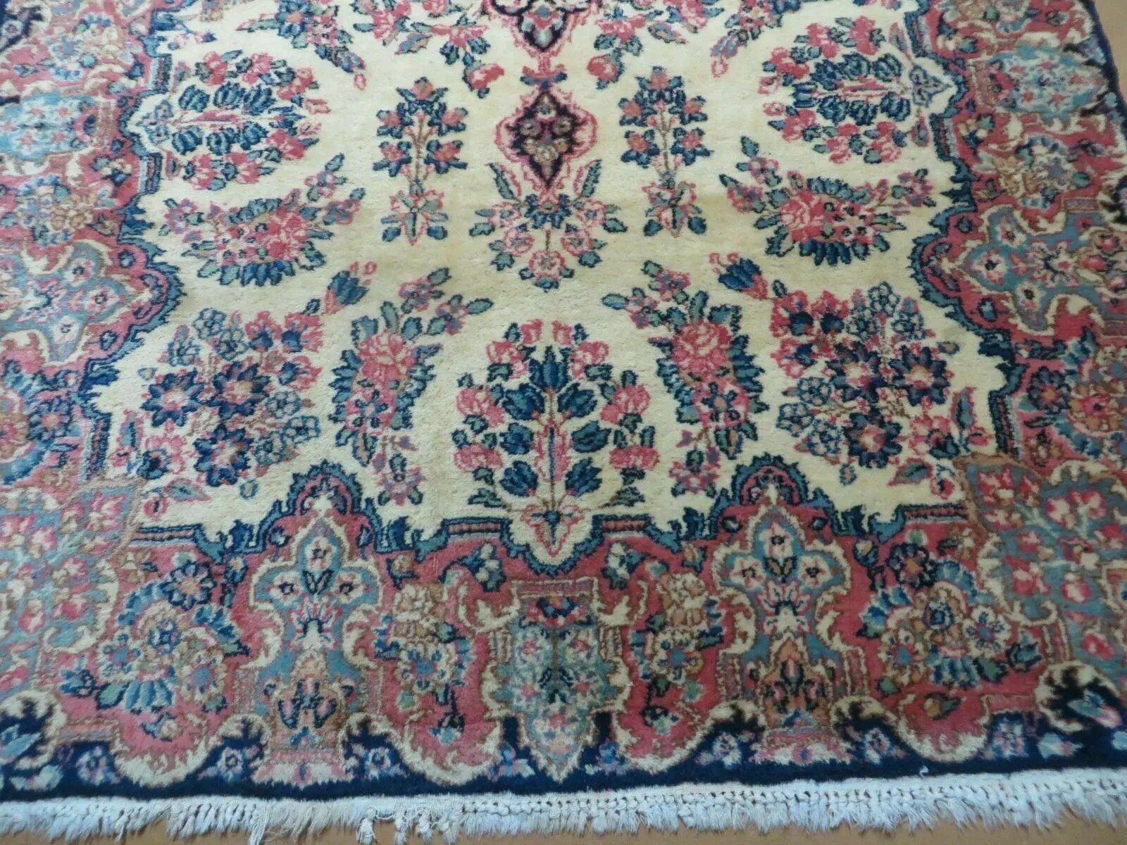 Antique Persian Kirman Rug 3.9 x 6.6, Floral Oriental Carpet, Ivory/Cream - Blue - Pink, Hand Knotted Wool Rug, Floral Medallion Rug 4x6 by Jewel Rugs