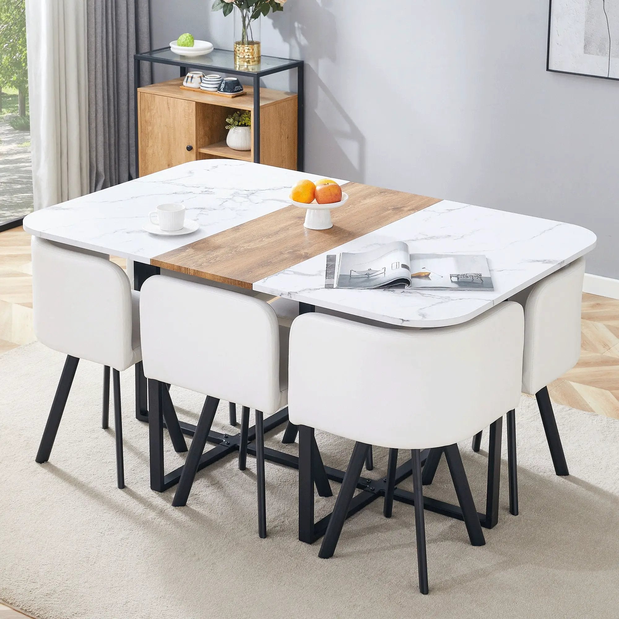 Modern Minimalist Marble Pattern Joinery Dining Table With Dining Chairs by Unique Piece Furniture