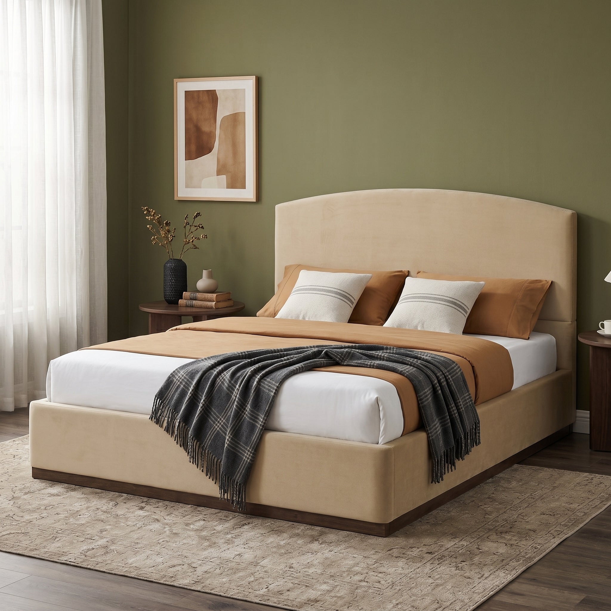Queen Size Upholstered Bed Frame with Velvet Fabric Thick Headboard by HouseOfZazla