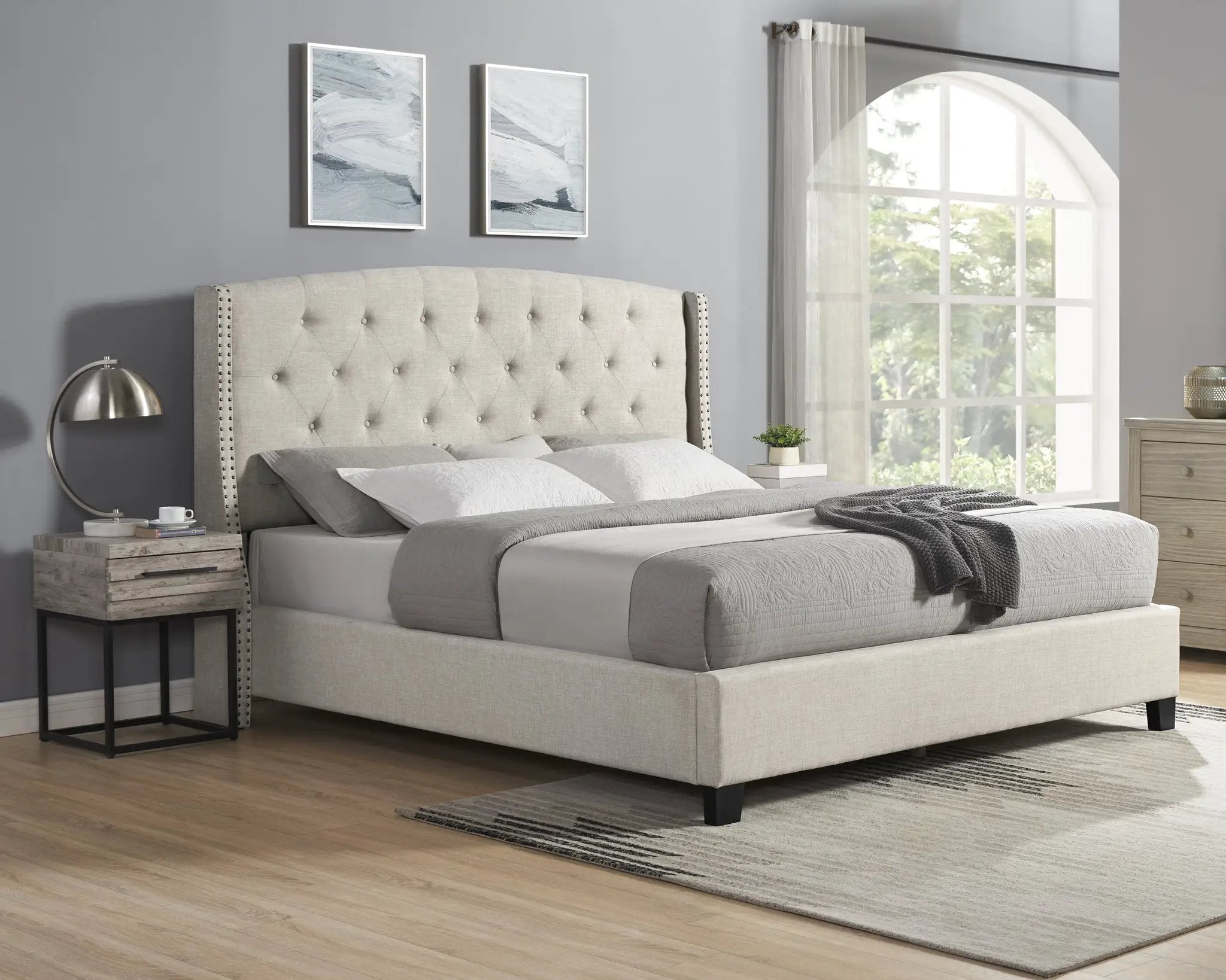 Astral 3-Piece Upholstered Bedroom Set, Tufted Wingback Bed with Two Gray Nightstands by HouseOfZazla