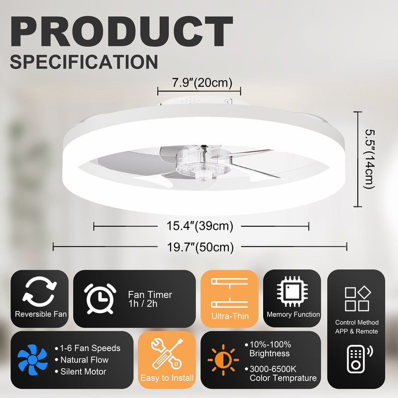 19.7'' LED Ceiling Fan Light with Remote & App Control, 6 Speeds, Dimmable, 3000K-6500K, Flush Mount by HouseOfZazla