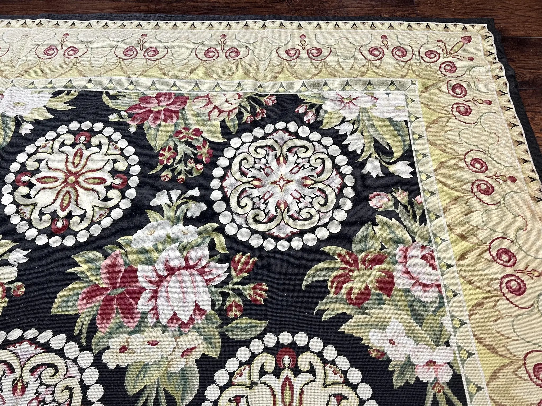 9x12 Black Needlepoint Rug, European Floral Panel Design, Handwoven, Vintage Chinese Needlepoint, Black Green Beige, Wool Rug 9 x 12 by Jewel Rugs