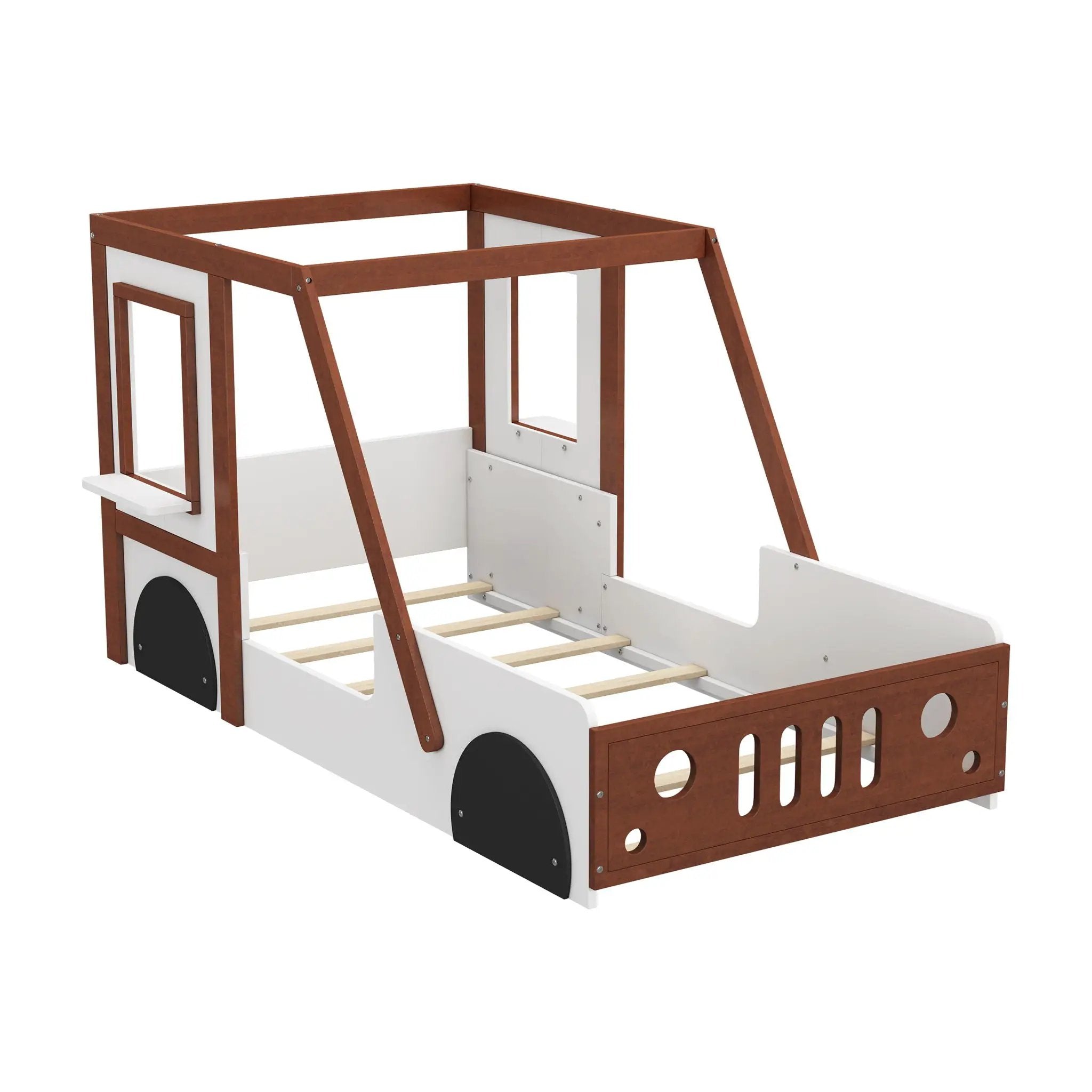 Fun Play Design Twin Size Car Bed, Kids Platform Bed In Car Shaped For Kids Boys Girls Teens - White / Orange by HouseOfZazla