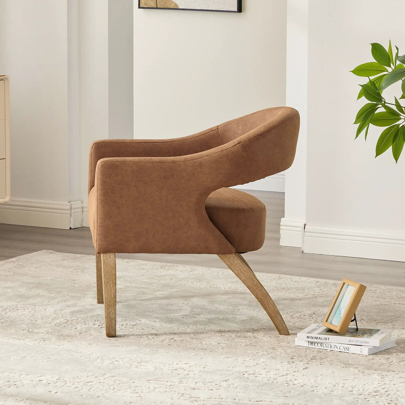 Upholstered Open Back Armchair With Weathered Rubberwood Legs by Unique Piece Furniture