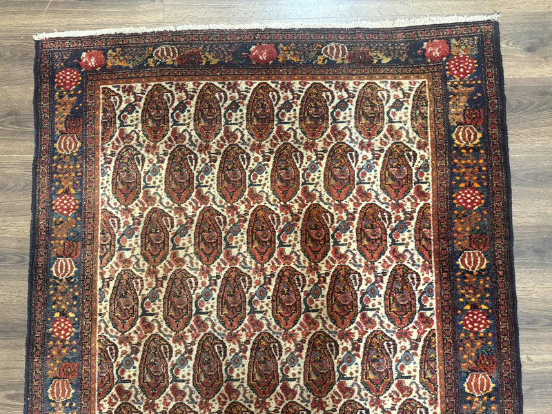 Antique Persian Kurdish Senneh Rug 4.6 x 6.5, Repeated Paisely Boteh Design, Handmade by Jewel Rugs