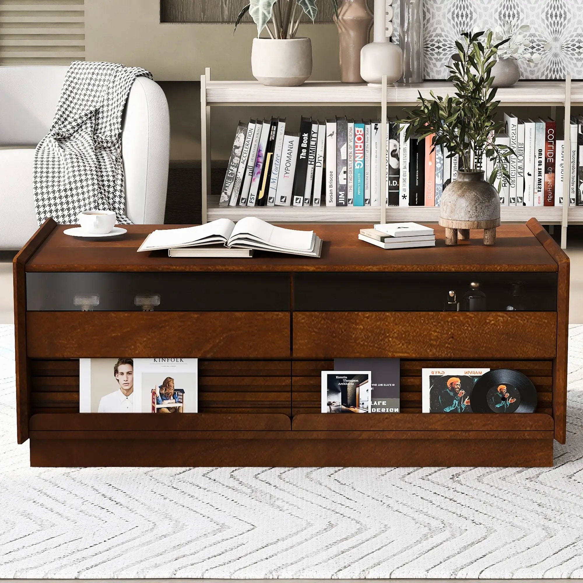 Modern Rectangle Coffee Table With 4 Drawers And 2 Display Shelves by Unique Piece Furniture