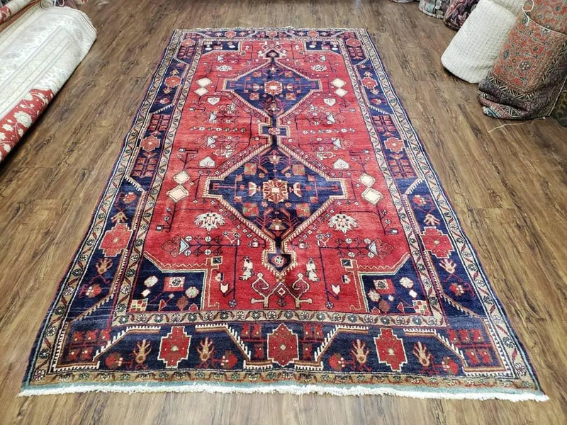 Antique Persian Zanjan Nahavand Heriz Rug, Red & Blue, Hand-Knotted, 5' x 9' 7" by Jewel Rugs