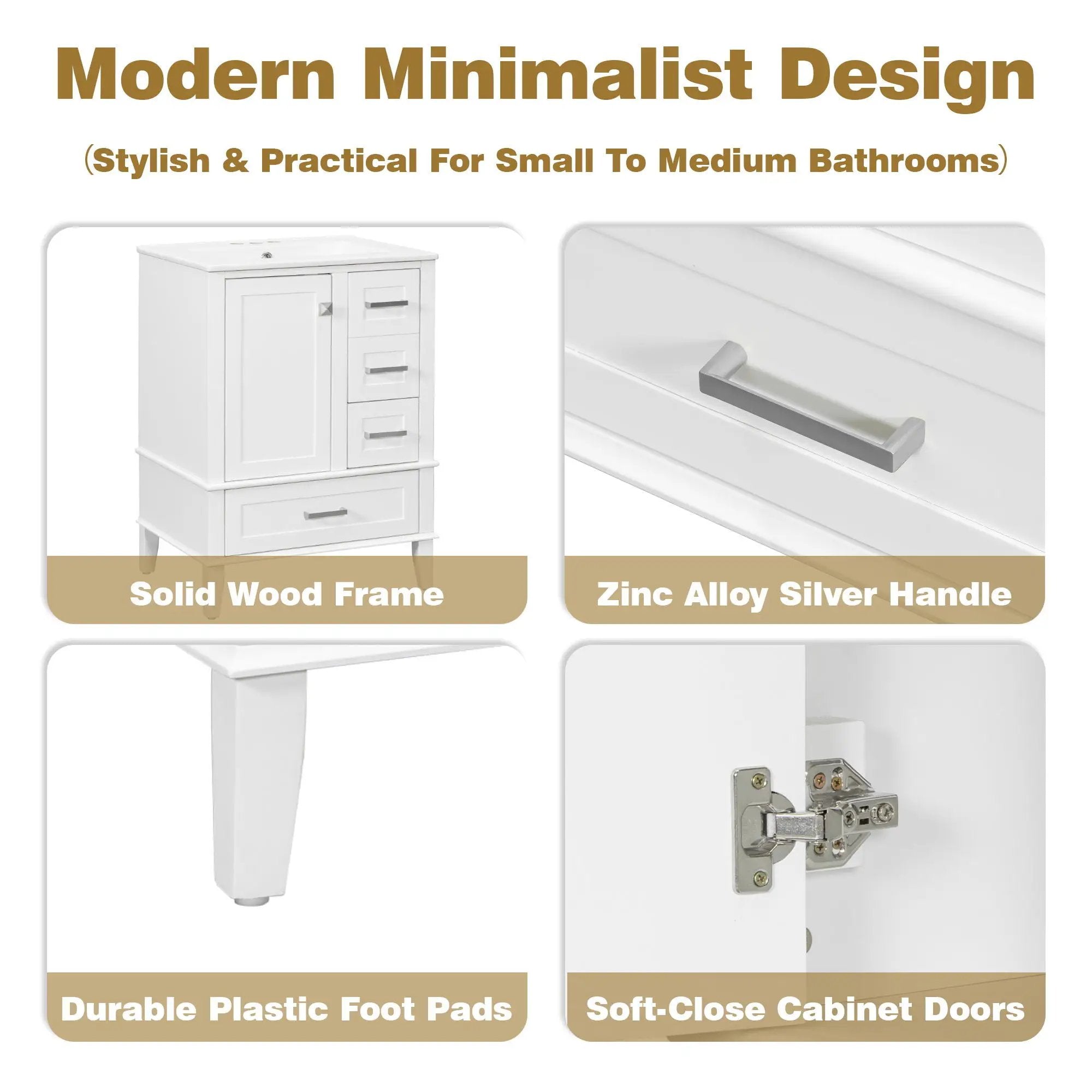 Bathroom Vanity, Modern Bathroom Cabinet With Sink Combo Set, Bathroom Storage Cabinet With A Soft Closing Door And 3 Drawers, Solid Wood Frame by Unique Piece Furniture