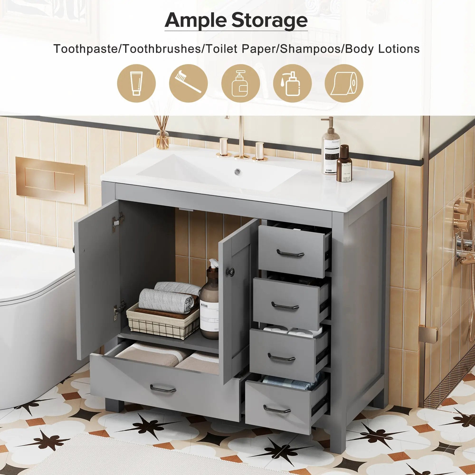 36" Gray Bathroom Vanity with Ceramic Sink Combo by HouseOfZazla