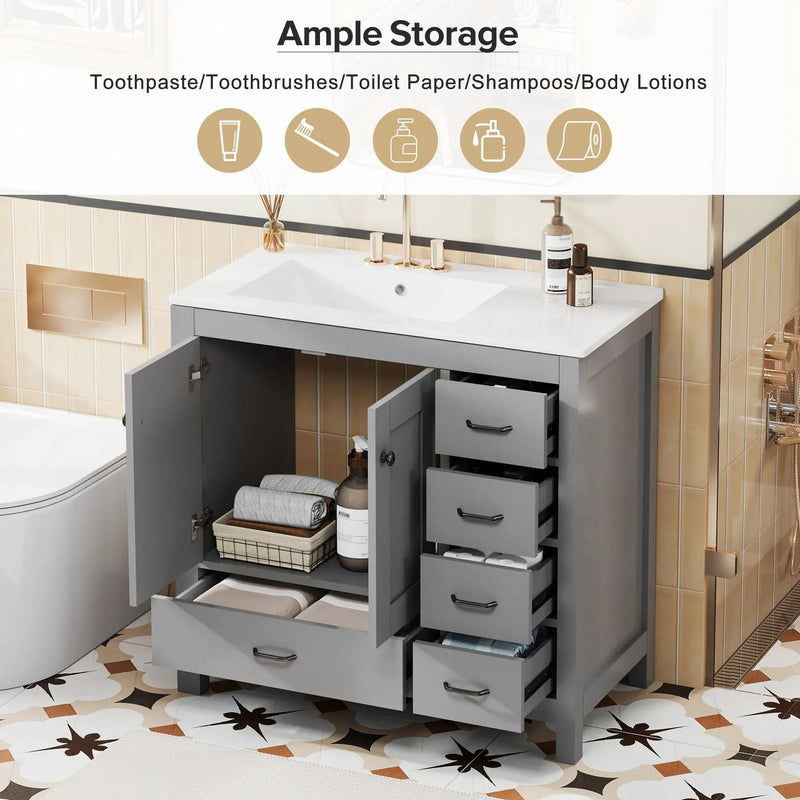 36" Gray Bathroom Vanity with Ceramic Sink Combo by HouseOfZazla