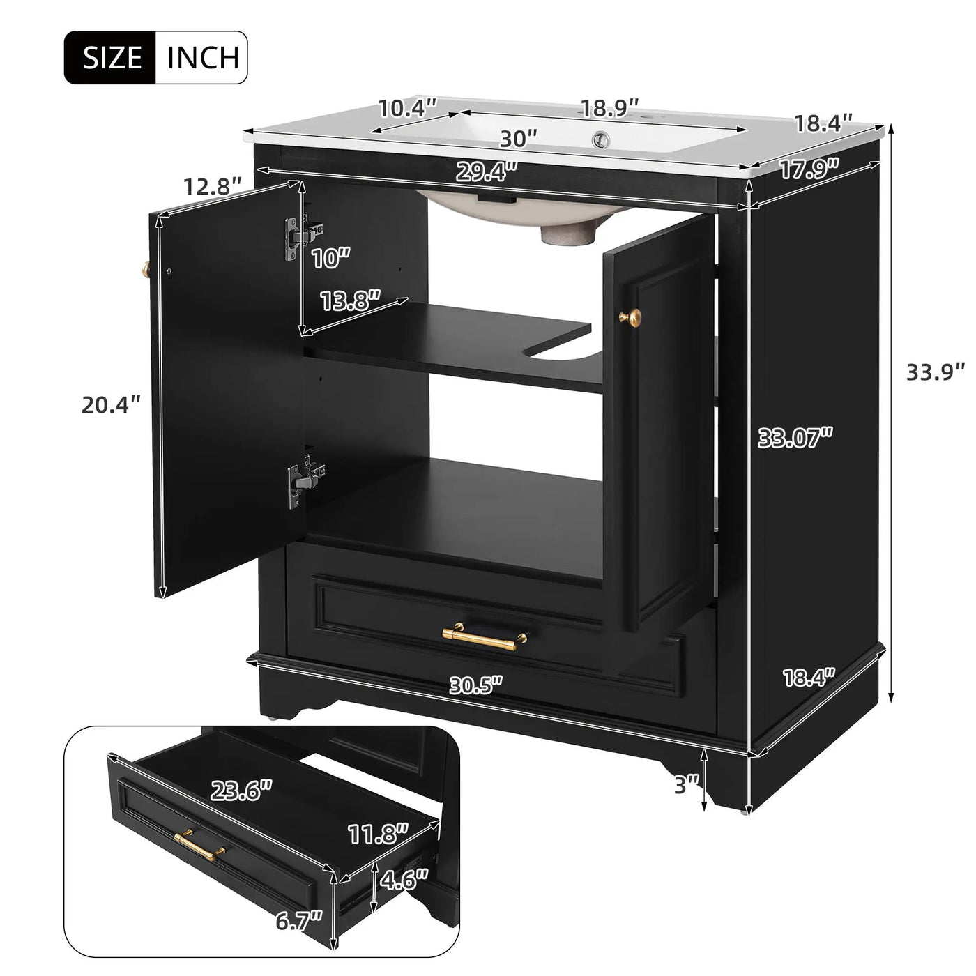 Bathroom Vanity With Sink, Cabinet & 2 Soft Closing Doors & Adjustable Shelf by HouseOfZazla