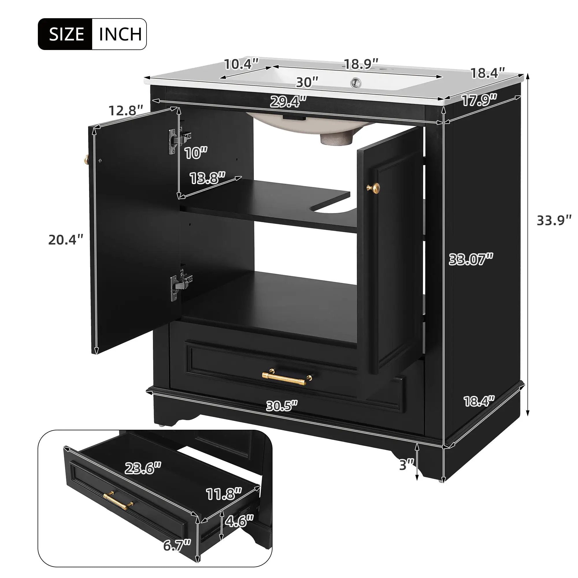 Bathroom Vanity With Sink, Cabinet & 2 Soft Closing Doors & Adjustable Shelf by HouseOfZazla