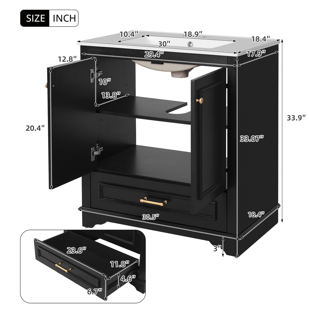 Bathroom Vanity with Sink and Adjustable Shelf - White, Green, Black, photo 11 of 12