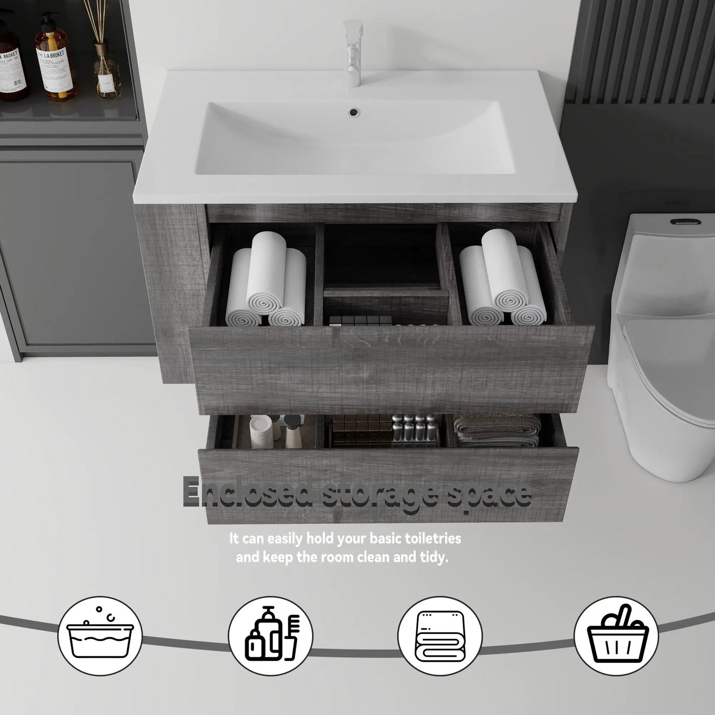 36 Inch Floating Bathroom Vanity with Sink, Soft-Close Door, Ceramic Sink, Plywood by HouseOfZazla