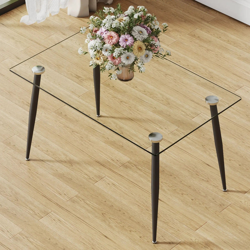 Modern Rectangular Glass Dining Table With Tempered Glass Top And Metal Legs For 4 - 6 People - Black / Transparent by HouseOfZazla