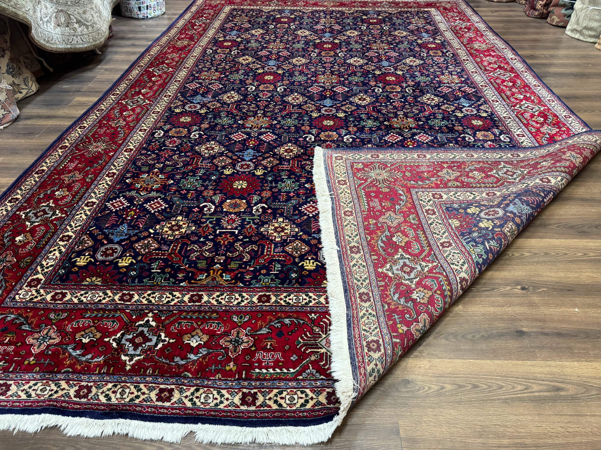 Large Persian Tabriz Rug 10x16, Navy Blue and Red, Allover Pattern, Vintage Hand Knotted Wool Carpet by Jewel Rugs