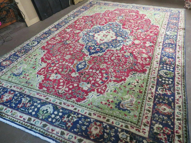 Persian Tabriz Rug 7x10, Red Blue and Green Rug, Allover Floral Medallion Rug, Hand Knotted Rug, Antique Rug 7 x 10 Vintage Wool Oriental Carpet by Jewel Rugs