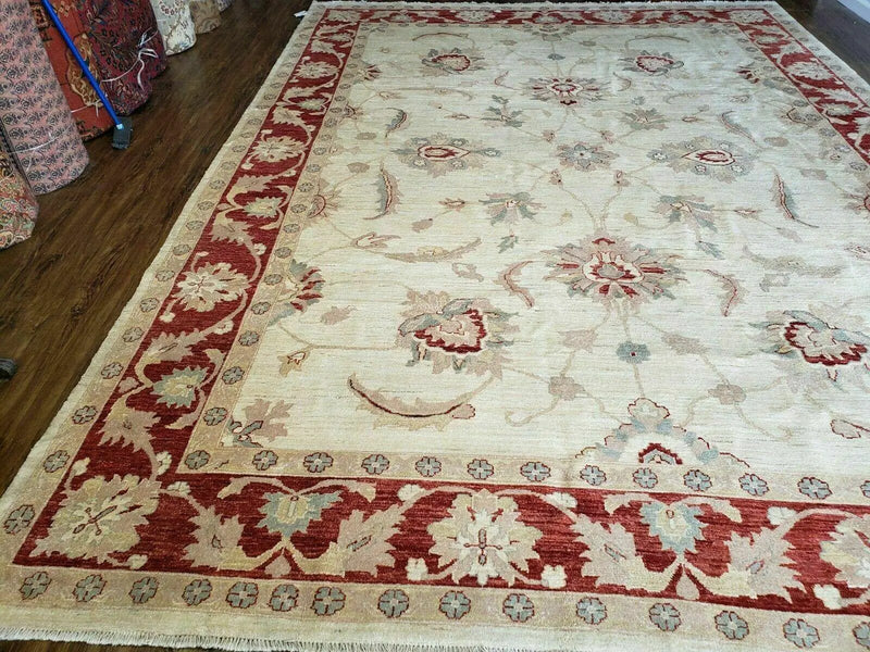 Peshawar Rug 10x14 Rug 10x14 Vintage Rug 10x14 Handmade Rug Chobi Rug Ivory Beige Red Rug by Jewel Rugs