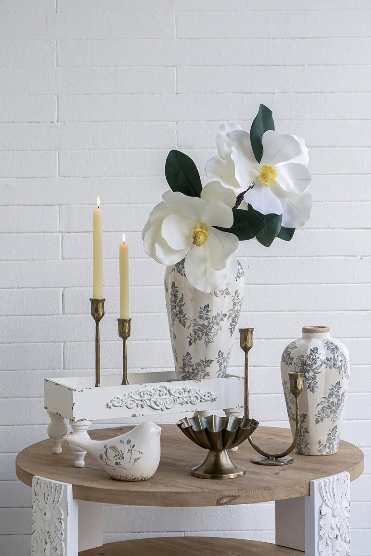 6.7x6.7x11.6' White Ceramic Accent Vase with Gray Floral Design by HouseOfZazla