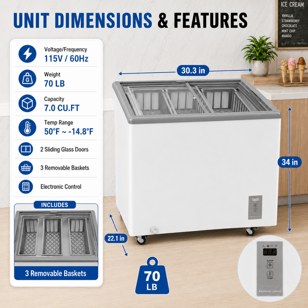 7.0 Cu.Ft Commercial Display Chest Freezer with Inverter Technology - Glass, photo 4 of 10