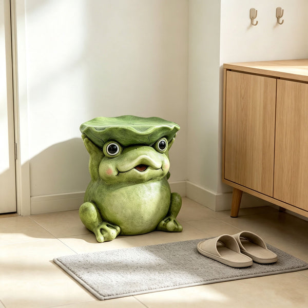 12" Cute Frog Statue with Lotus Leaf Hat - Resin Outdoor Decor