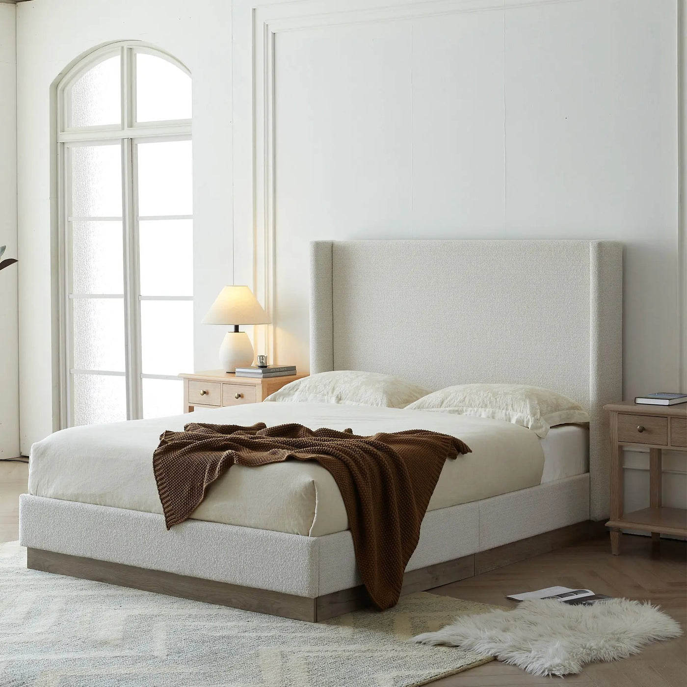 Hosford - Minimalist Upholstered Wingback Bed With Wood Base Platform by HouseOfZazla