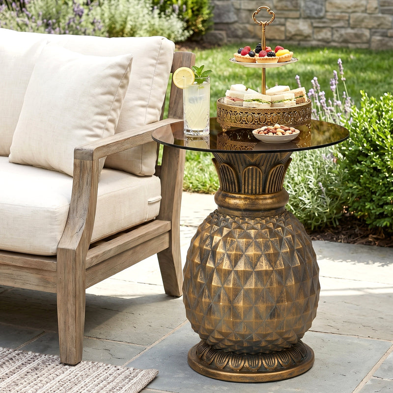 Yellow Pineapple Side Table with Tempered Glass Top