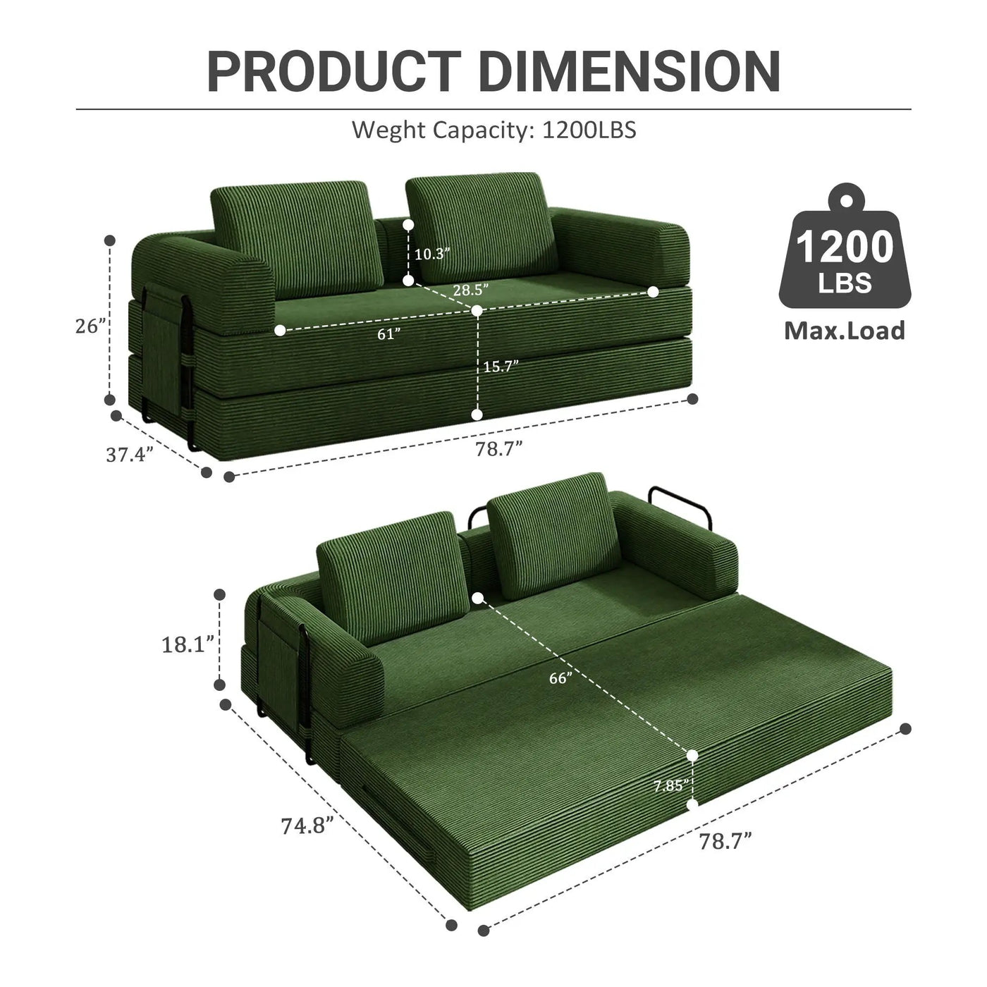 Convertible Sleeper Sofa Bed With Cylindrical Pillow, Fixed Shape Frame by Unique Piece Furniture
