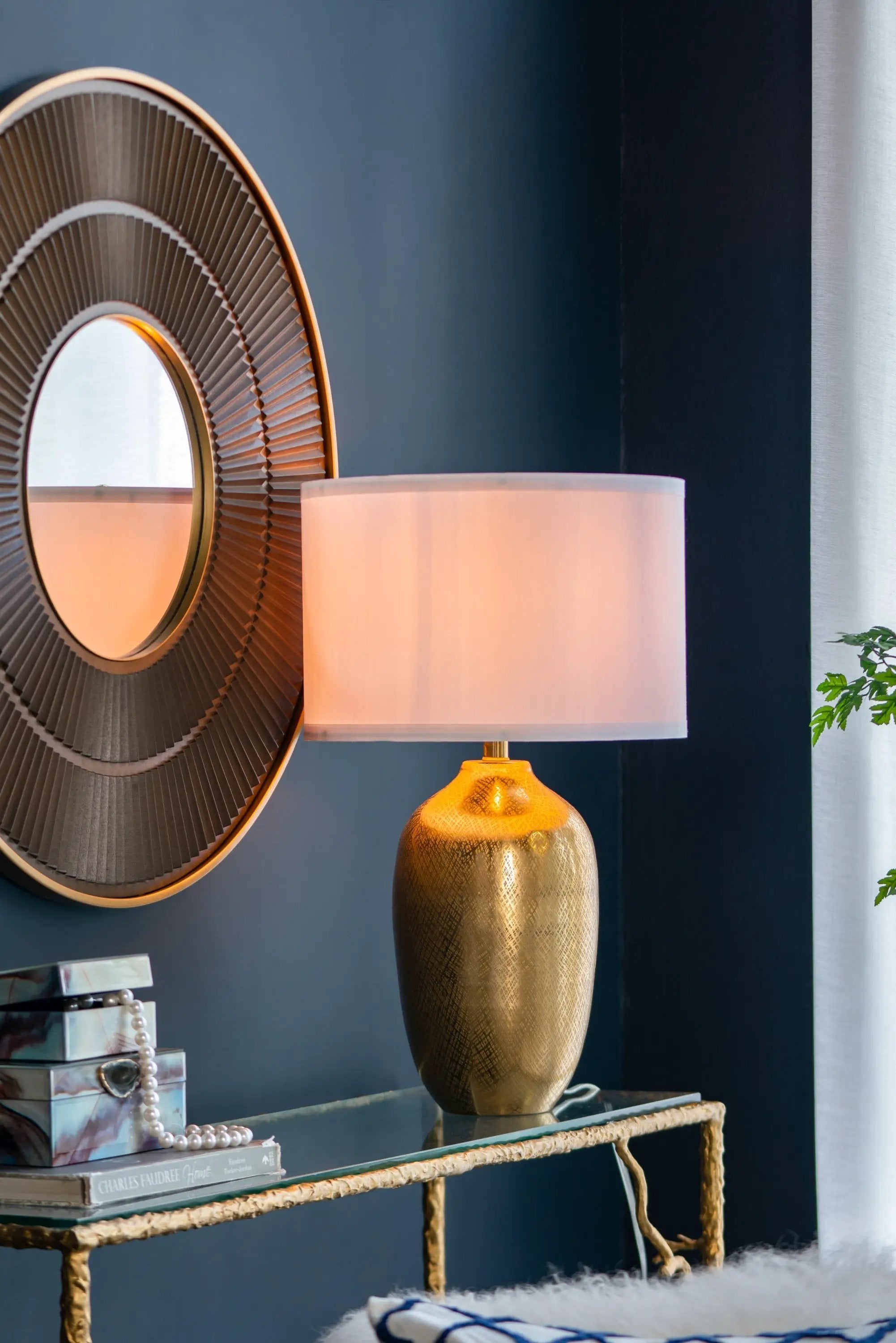 D15x25.7' Round Aluminum Sheet Gold Table Lamp with White Fabric Shade by HouseOfZazla