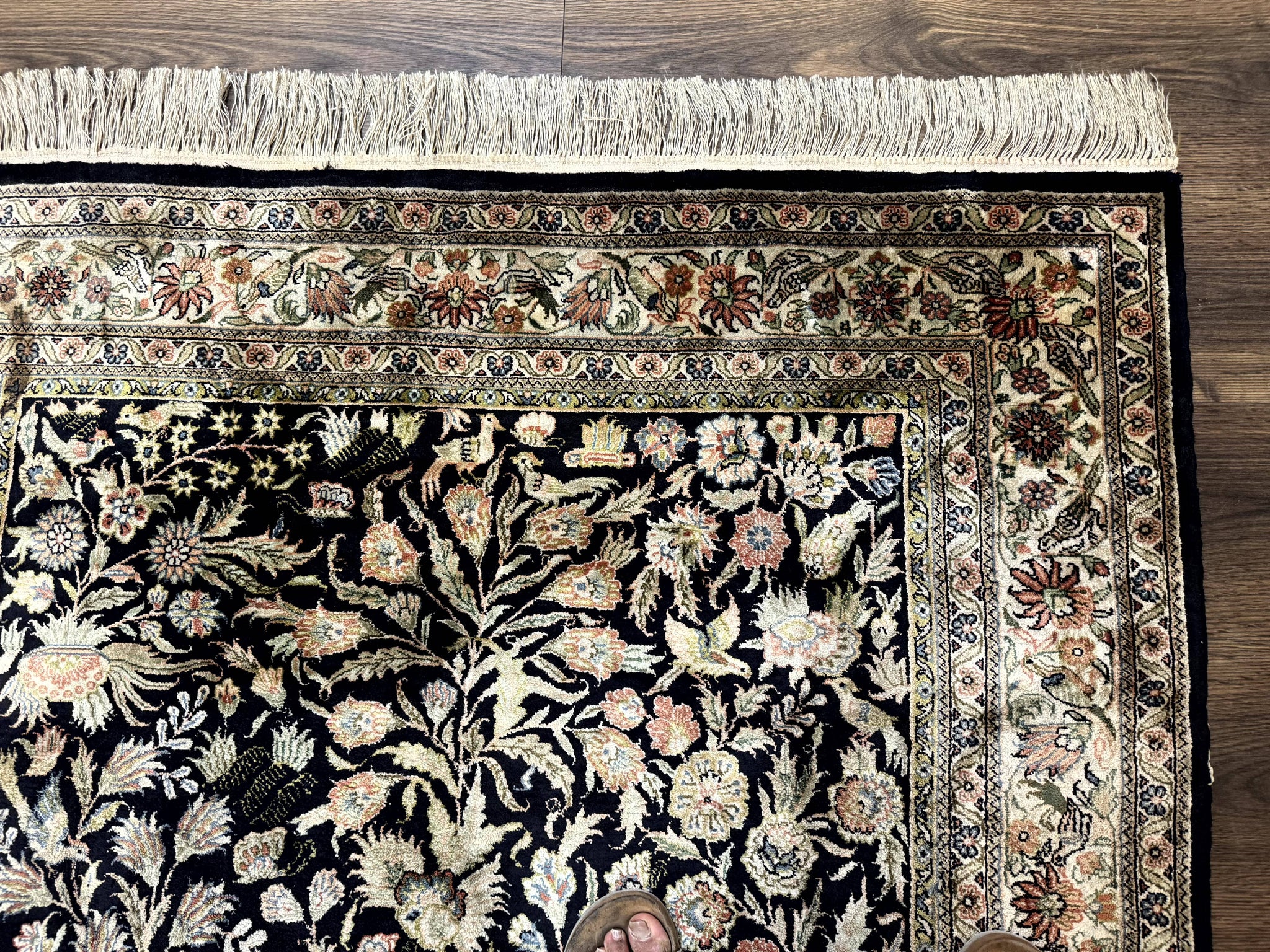 Silk Rug 4x6, Black and Cream, Floral & Bird Pictorials, Fine 330 KPSI, Sino Persian Rug by Jewel Rugs