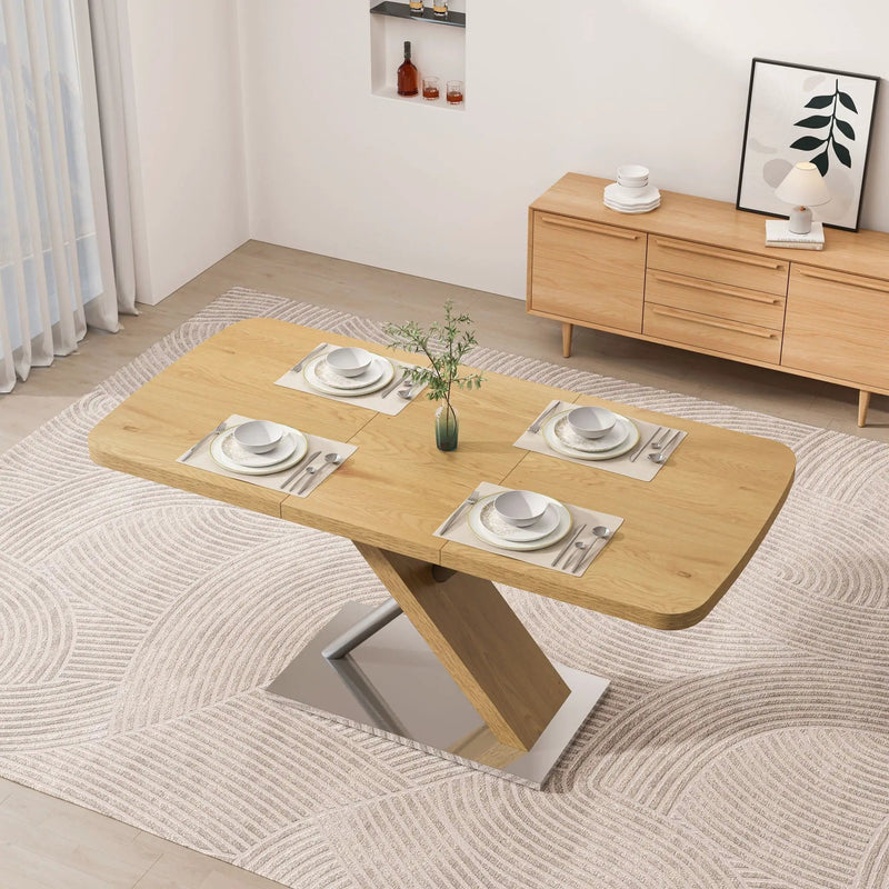 Retractable Square Dining Table, Seating 4 - 6 People, Cross Base With Stainless Steel Tubing, Expandable - Natural by HouseOfZazla